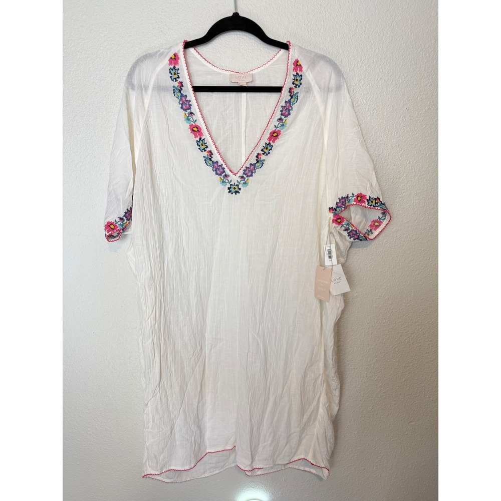 GAP Love Boho Embroidered Cotton Caftan White Floral Resort Wear Coverup NWT